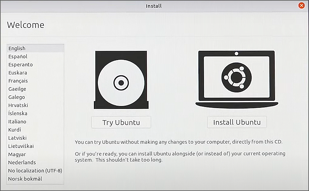 Стартовое окно установки Ubuntu